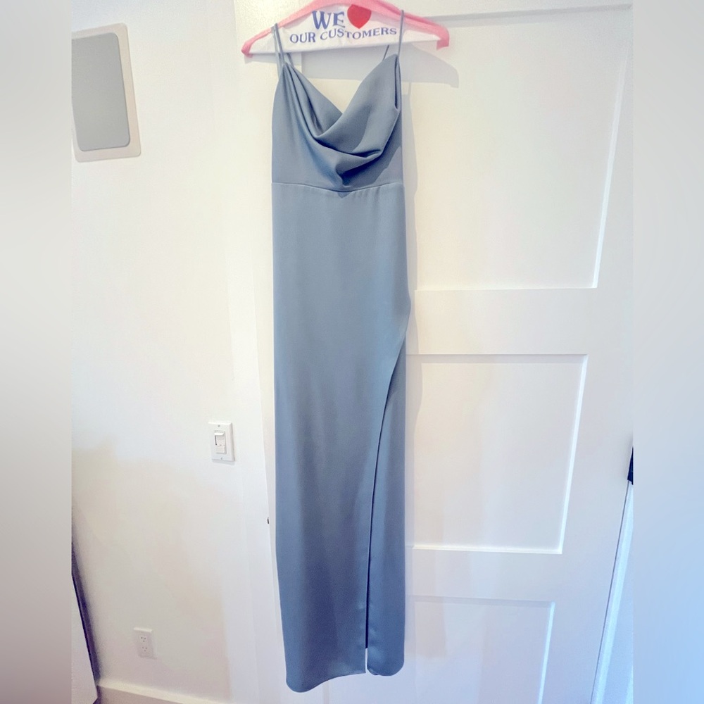 BHLDN remy cowl-neck faux-wrap satin gown dusty blue